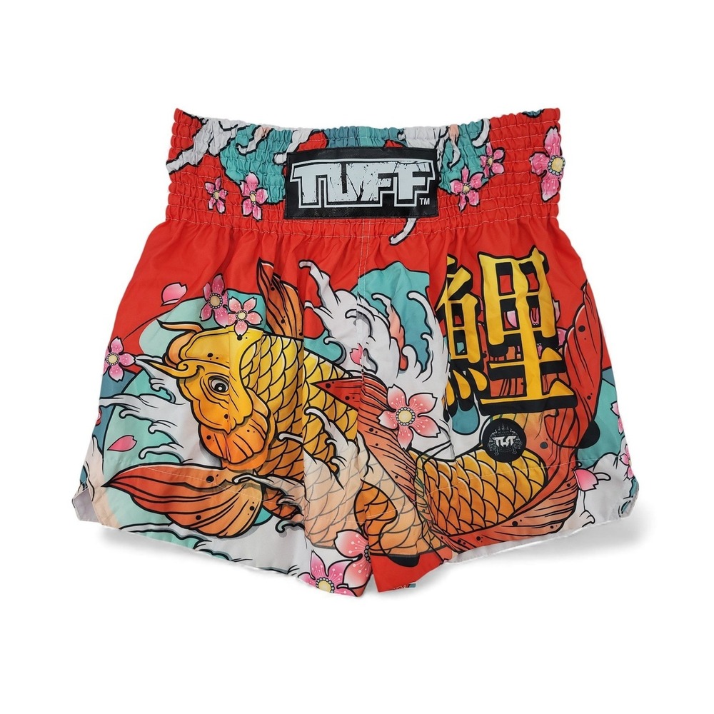 TUFF Muay Thai Shorts Koi Fish Cherry Blossom Red‎ XL Athletic MMA Fight Gear